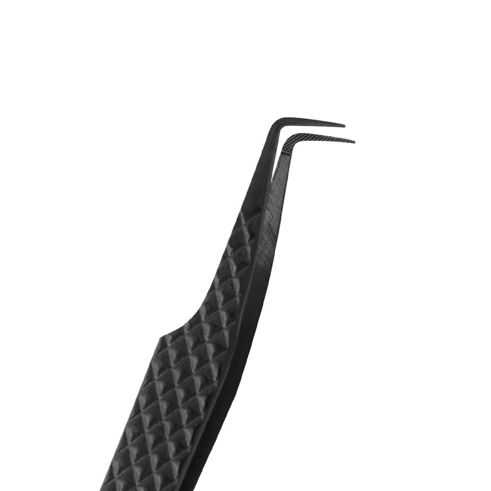 Black eyelash extension tweezers with fiber tips, perfect for mega volume fans