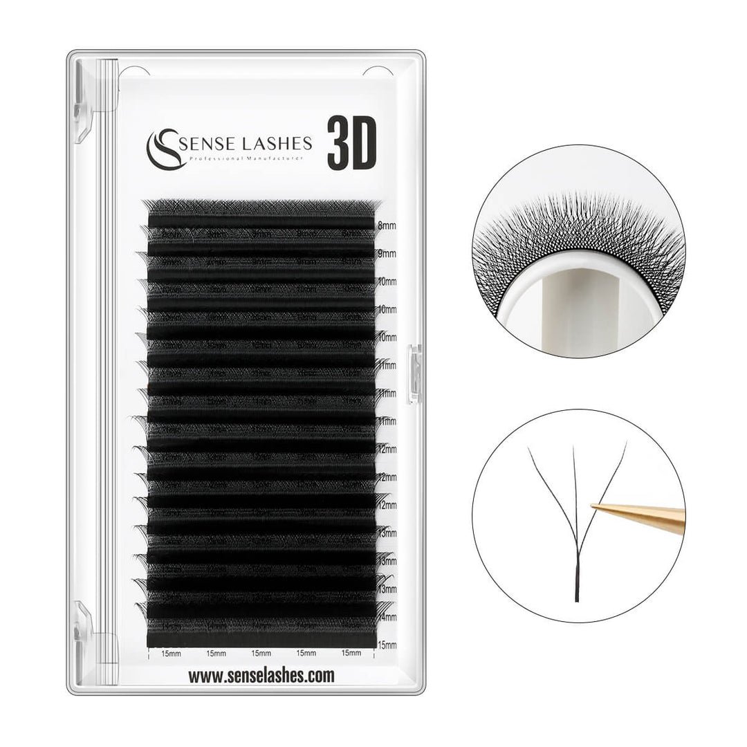 Sense Lashes W-Style 3D premade volume fan lashes, black, featuring Nano PBT material and 0.07mm thickness.