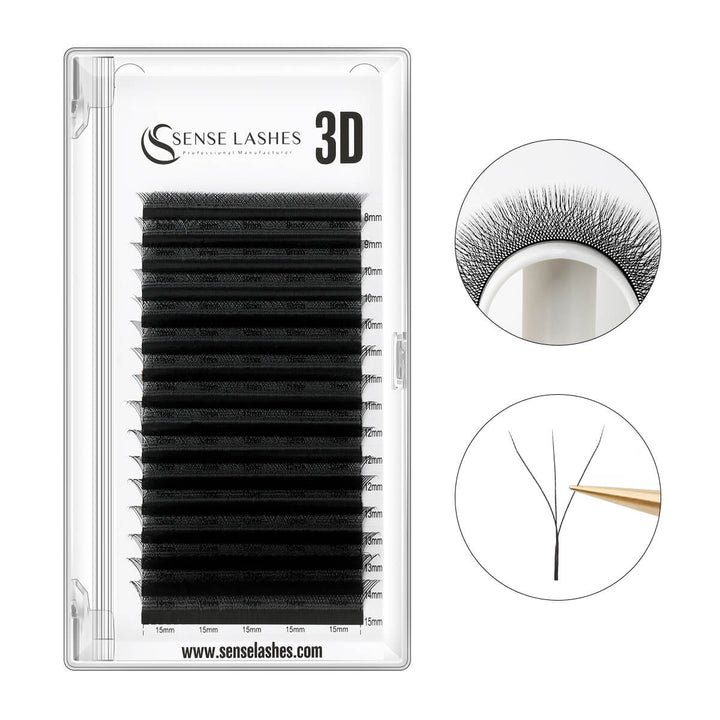 Sense Lashes W-Style 3D premade volume fan lashes, black, featuring Nano PBT material and 0.07mm thickness.