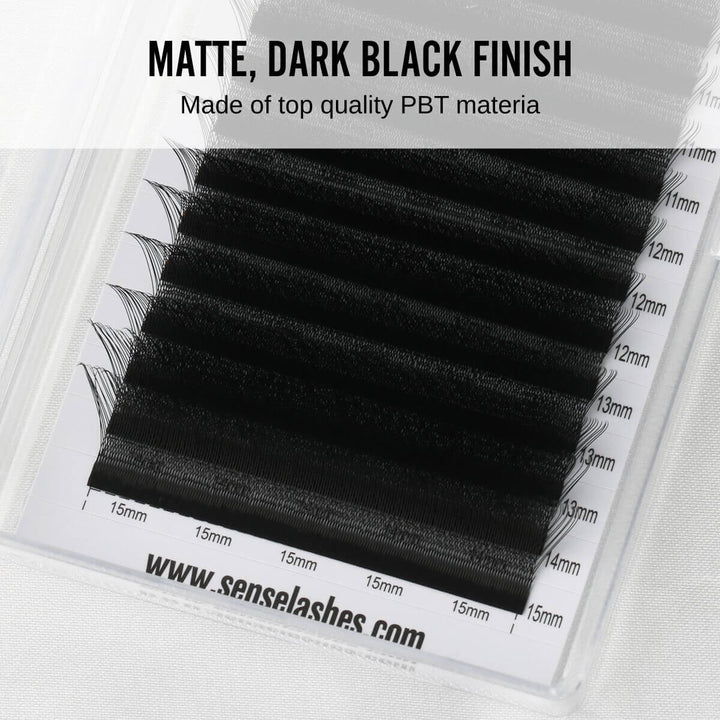Matte, dark black finish eyelashes made of top-quality PBT material. Sizes range from 11mm to 15mm. 