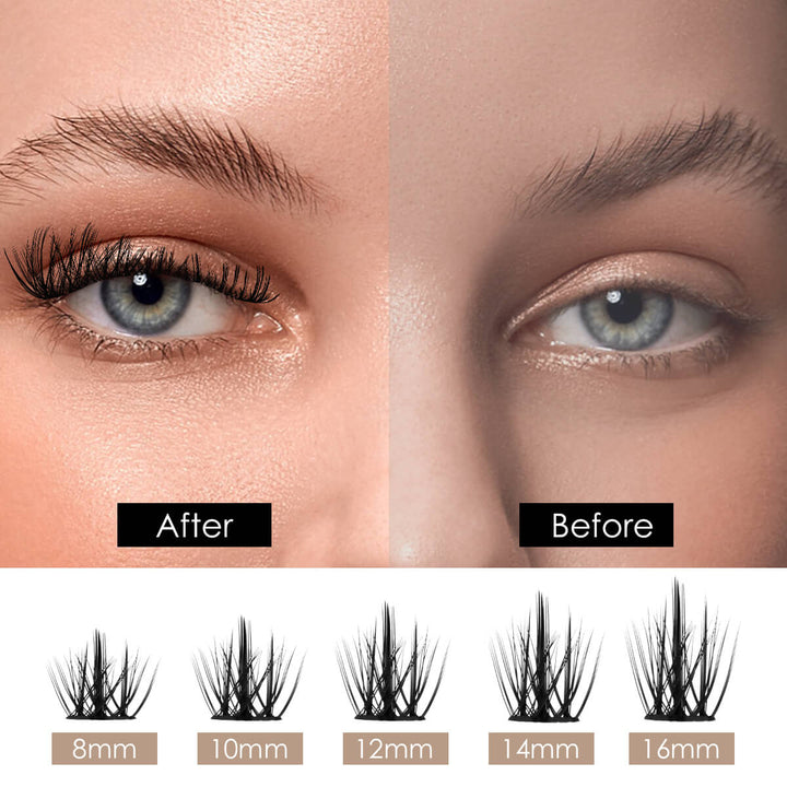 DIY individual cluster lashes before and after with different lengths 