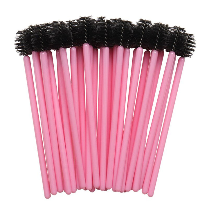 Eyelash extension aftercare brushes, 50pcs pack. Pink handle, black brush head. 