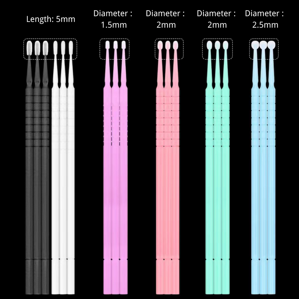 Eyelash extension micro swabs in assorted colors and diameters: 5mm length, 1.5mm, 2mm, and 2.5mm tips.