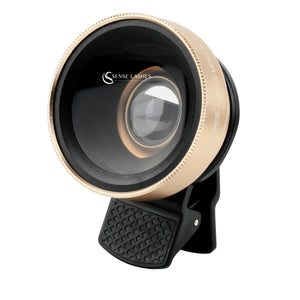 Gold 2-in-1 macro and wide-angle phone lens with black clip mount