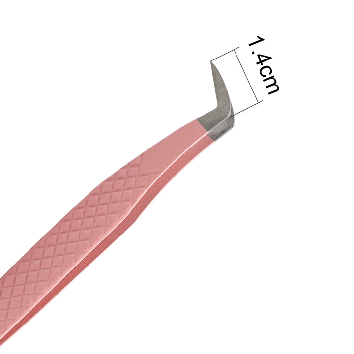 Pink angled lash tweezer 1.4cm, professional tool for volume lashes and lash extensions. 