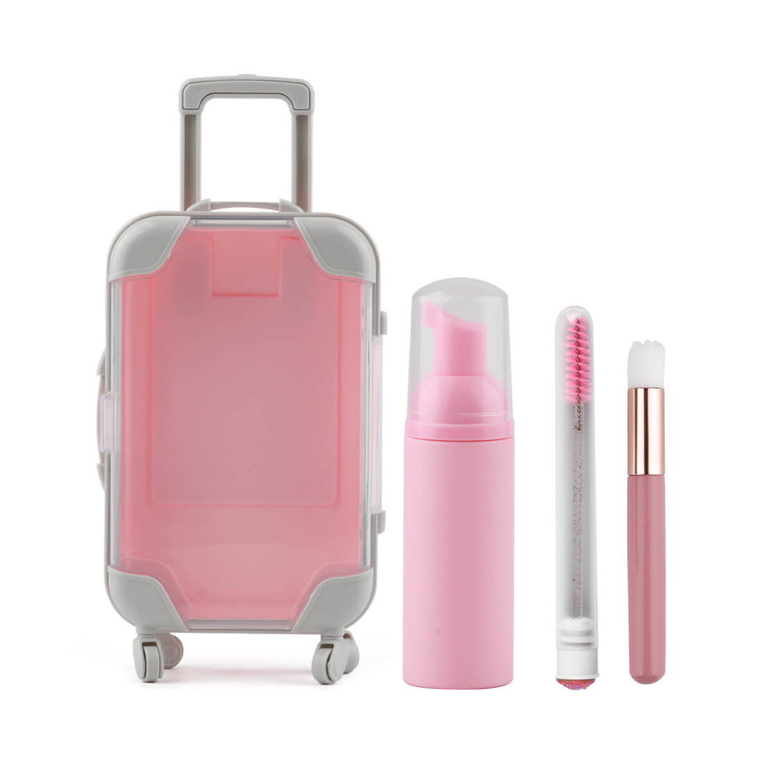 Pink eyelash aftercare kit with cleanser, brush and mascara brush 