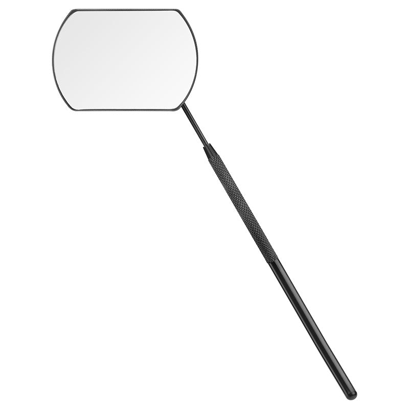 Black stainless steel eyelash extension mirror, essential lash tool for precise application and salon use.