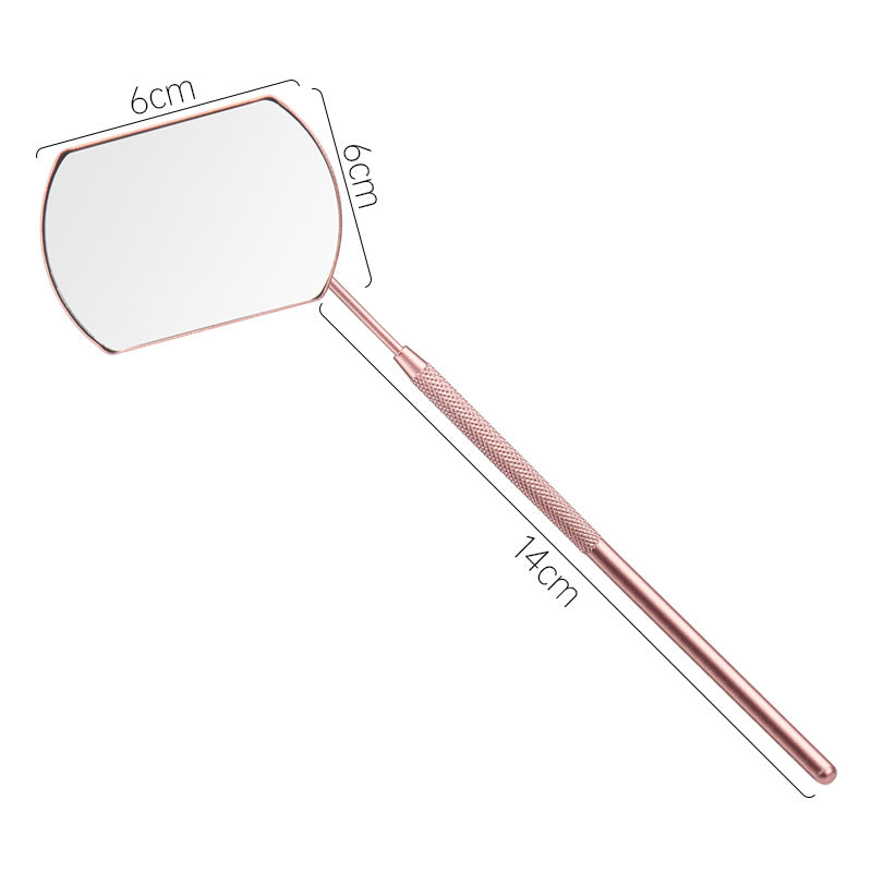 Rose gold eyelash extension mirror, 6cm x 6cm mirror head, 14cm handle. 